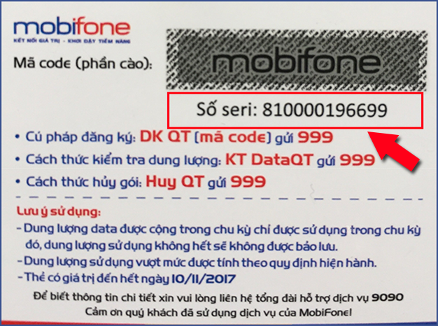 Dãy số Seri trên thẻ cào Mobifone