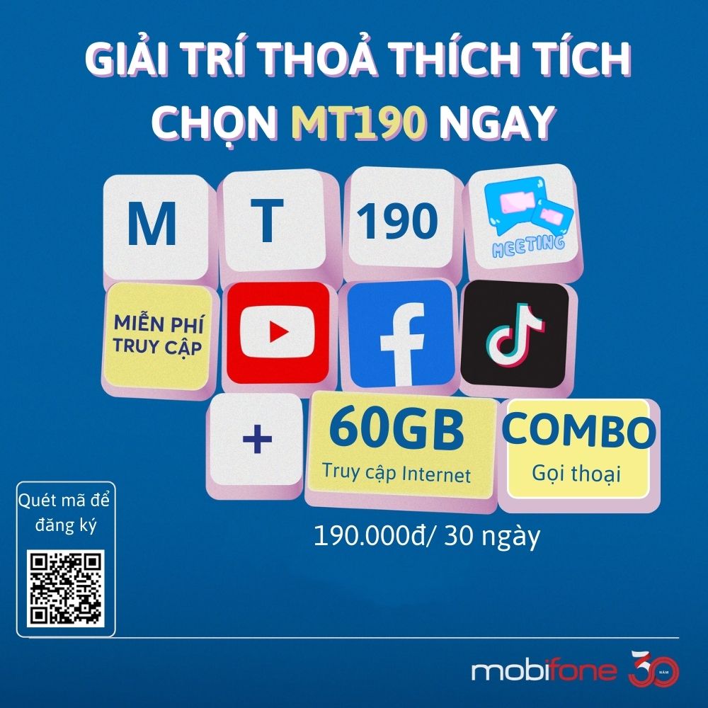 Gói MT190 Mobifone - ưu đãi 2Gb Data/ngày, FREE truy cập MXH & Gọi thoại