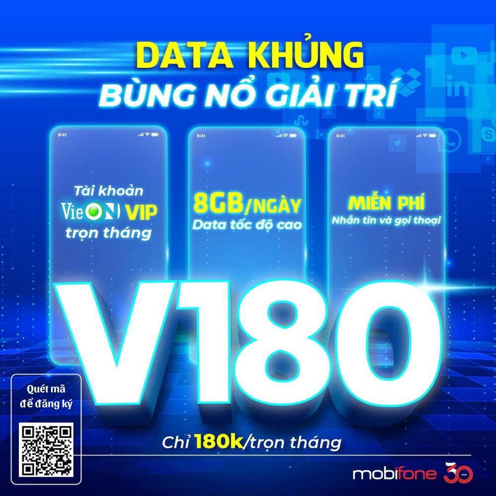 Gói V180 Mobifone - Free 240Gb Data (8Gb/ngày) & COMBO Gọi thoại , VieON