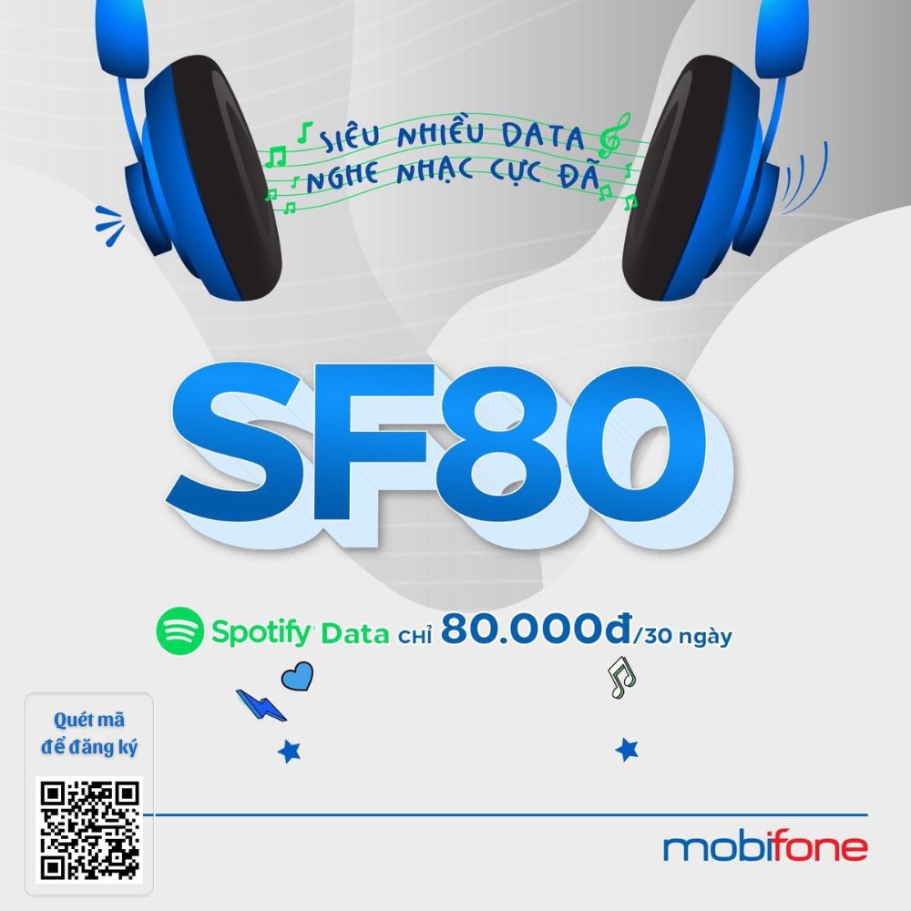 Gói SF80 Mobifone chỉ 80k/tháng - Free 100% Data truy cập Spotify KGH