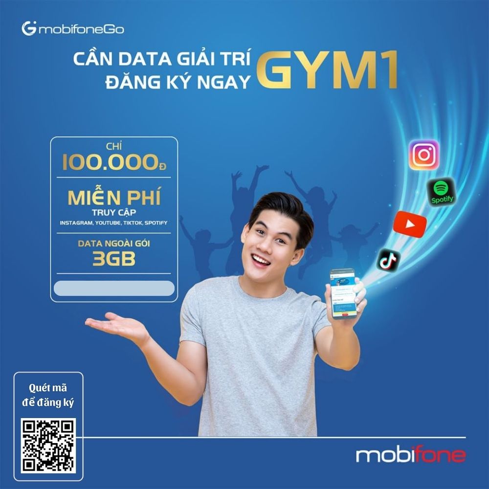 Gói GYM1 Mobifone - chỉ 80k Free Data TikTok, IG, YT, Spotify cả tháng